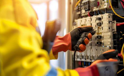 Electrician in high-visibility safety gear working on an electrical control panel with circuit breakers and wiring